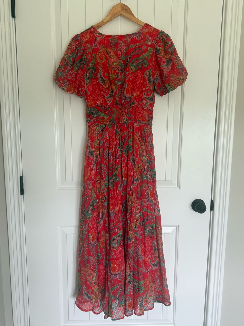Anthropologie The Katerina Lurex Button Front Midi Dress Red Paisley Shimmer 4 - Picture 7 of 12